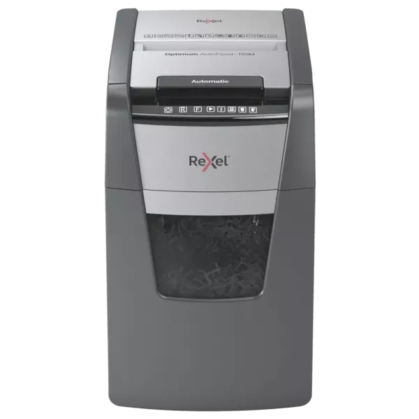 Rexel Optimum AutoFeed+ 150M Paper Shredder Front View Front view of Rexel Optimum AutoFeed+ 150M automatic micro cut shredder P5