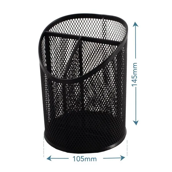 SDS Round Inclined Metal Mesh Pen Cup with 3 Compartments - Black