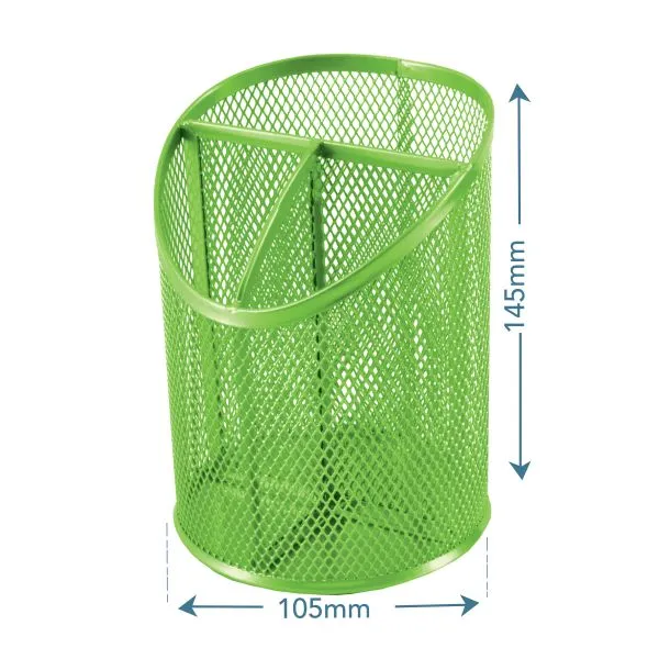 SDS Round Inclined Metal Mesh Pen Cup with 3 Compartments - Green