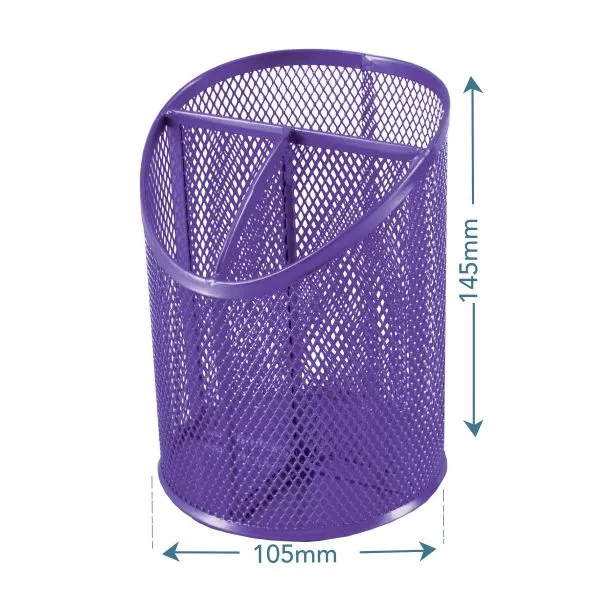 SDS Round Inclined Metal Mesh Pen Cup with 3 Compartments - Purple