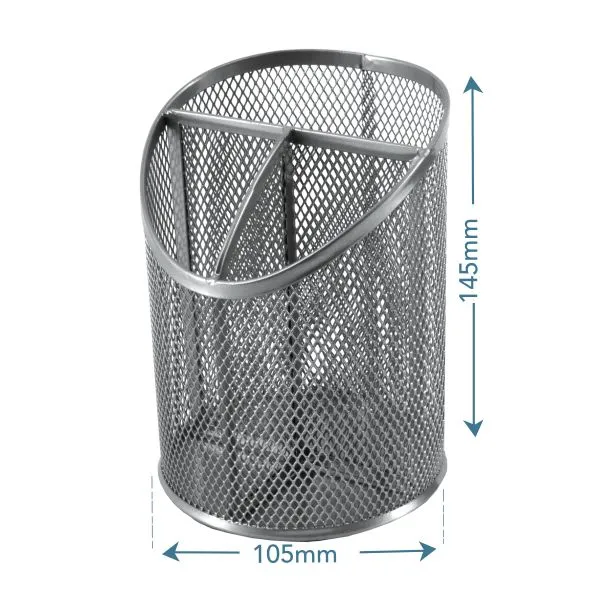 SDS Round Inclined Metal Mesh Pen Cup with 3 Compartments - Silver