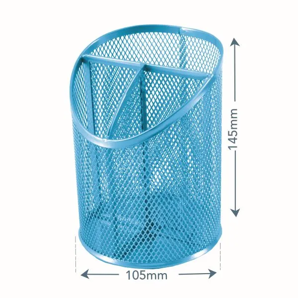 SDS Round Inclined Metal Mesh Pen Cup with 3 Compartments - Sky Blue