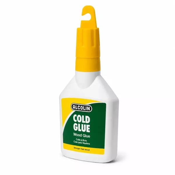 ALCOLIN Cold Glue Wood Glue 125ml Front View ALCOLIN Cold Glue Wood Glue 125ml bottle with yellow applicator cap, front view