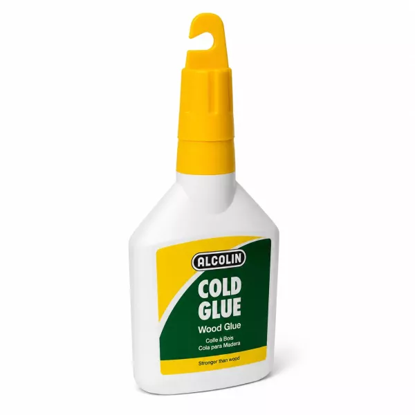 ALCOLIN Cold Glue Wood Glue 125ml Front View ALCOLIN Cold Glue Wood Glue 125ml bottle with yellow applicator cap, front view