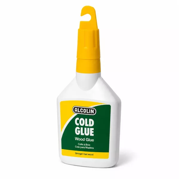 ALCOLIN Cold Glue Wood Glue 125ml Front View ALCOLIN Cold Glue Wood Glue 125ml bottle with yellow applicator cap, front view