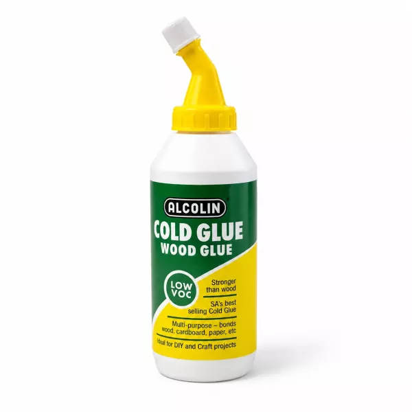 ALCOLIN Cold Glue Wood Glue 250ml Front View ALCOLIN Cold Glue Wood Glue 250ml bottle with yellow angled applicator nozzle, front view