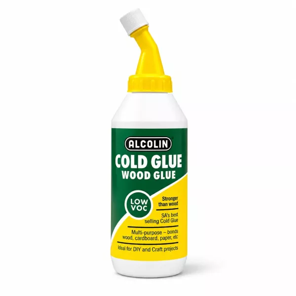 ALCOLIN Cold Glue Wood Glue 250ml Front View ALCOLIN Cold Glue Wood Glue 250ml bottle with yellow angled applicator nozzle, front view