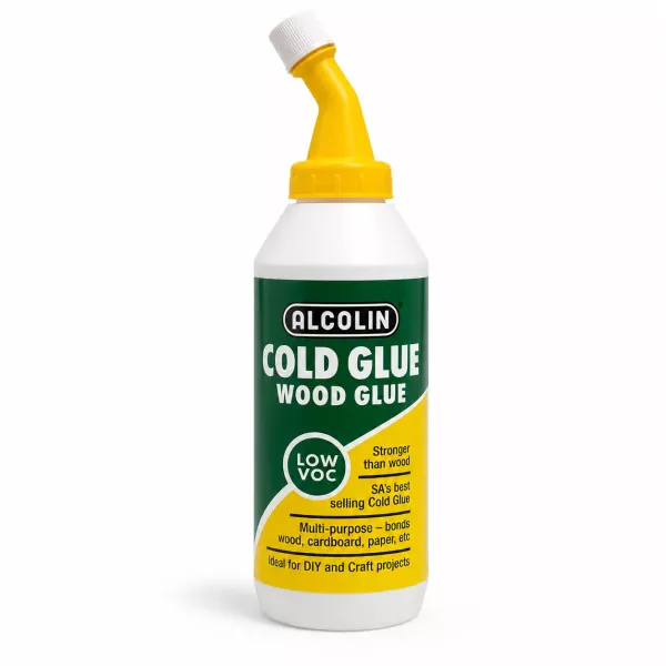 ALCOLIN Cold Glue Wood Glue 250ml Front View ALCOLIN Cold Glue Wood Glue 250ml bottle with yellow angled applicator nozzle, front view