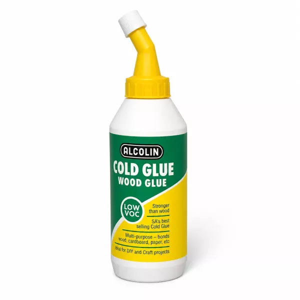 ALCOLIN Cold Glue Wood Glue 500ml bottle with yellow angled applicator nozzle, front view