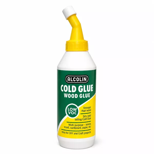 ALCOLIN Cold Glue Wood Glue 500ml bottle with yellow angled applicator nozzle, front view