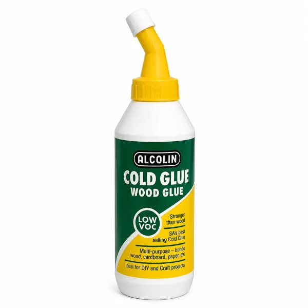 ALCOLIN Cold Glue Wood Glue 500ml bottle with yellow angled applicator nozzle, front view