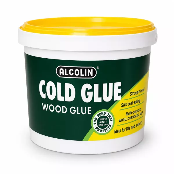 Alcolin Cold Glue Wood Glue Tub Front View Alcolin Cold Glue wood glue tub with green and yellow label shown from the front