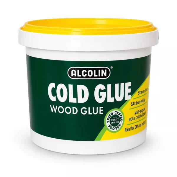 Alcolin Cold Glue Wood Glue Tub Front View Alcolin Cold Glue wood glue tub with green and yellow label shown from the front