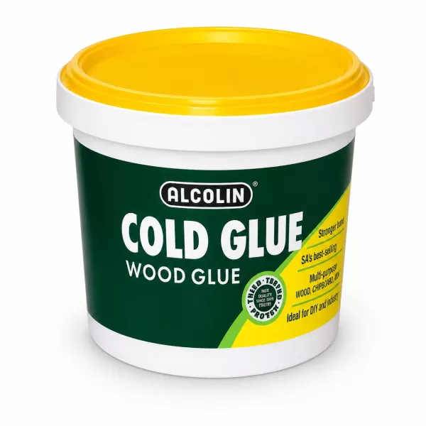 Alcolin Cold Glue Wood Glue Tub Front View Alcolin Cold Glue wood glue tub with green and yellow label shown from the front