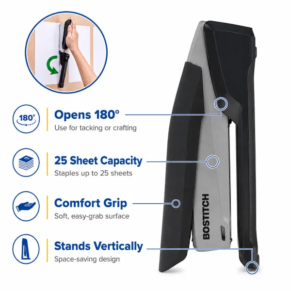 Bostitch 1108 InPower black and silver desktop stapler side view