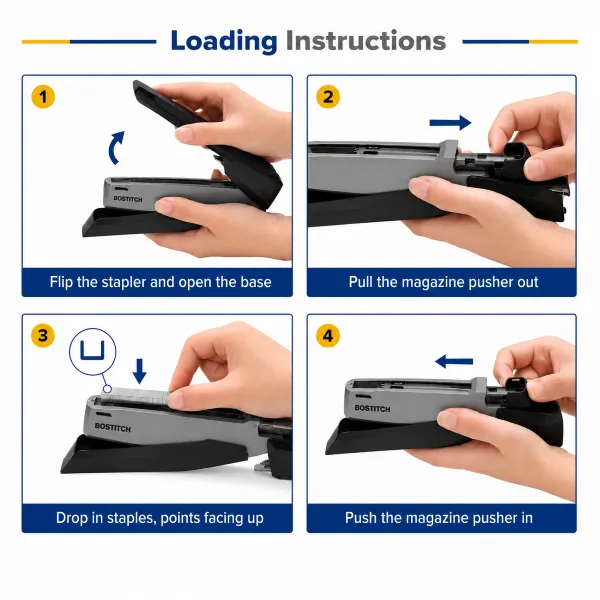 Bostitch 1108 InPower black and silver desktop stapler side view