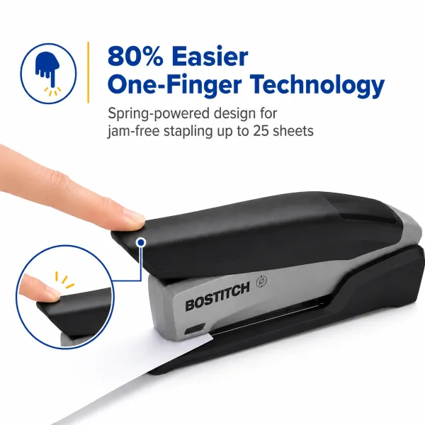 Bostitch 1108 InPower black and silver desktop stapler side view