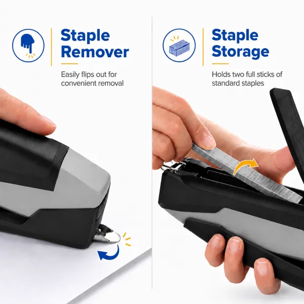 Bostitch 1108 InPower black and silver desktop stapler side view