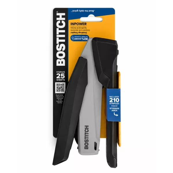 Bostitch 1108 InPower black and silver desktop stapler side view