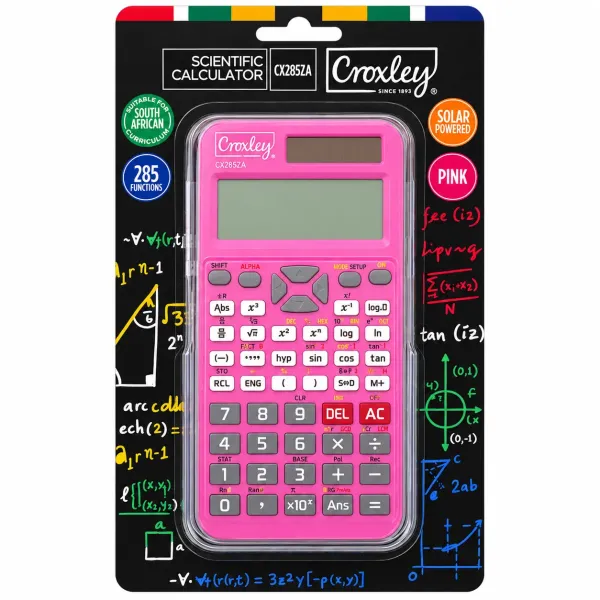 Croxley CX285ZA pink scientific calculator with 285 functions in retail packaging