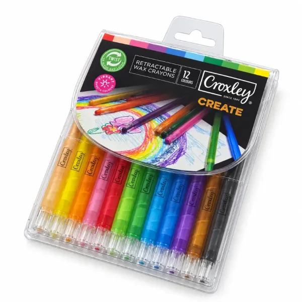 Croxley Create retractable wax crayons in 12 colours, front view of packaging