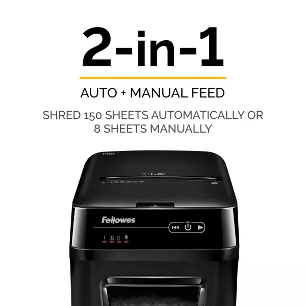 Fellowes AutoMax 150C P-4 cross-cut auto feed shredder front angled view