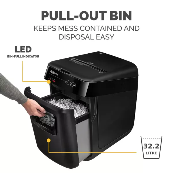 Fellowes AutoMax 150C P-4 cross-cut auto feed shredder front angled view