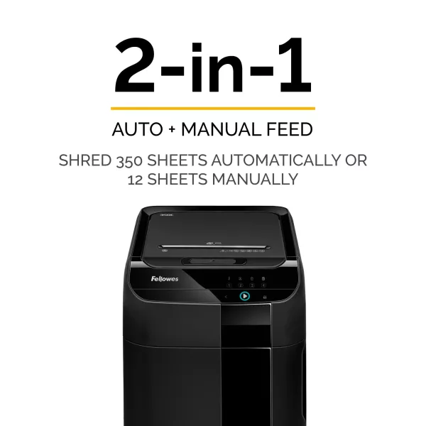 Fellowes AutoMax 350C shredder front angled view Fellowes AutoMax 350C P-4 cross-cut auto feed shredder front angled view
