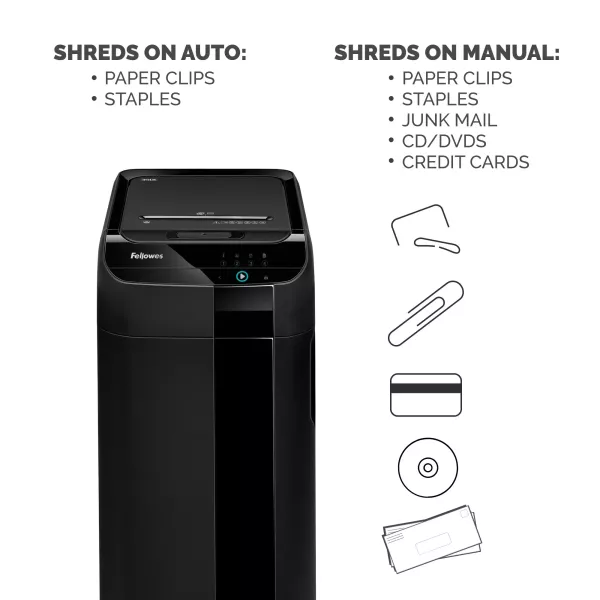 Fellowes AutoMax 350C shredder front angled view Fellowes AutoMax 350C P-4 cross-cut auto feed shredder front angled view