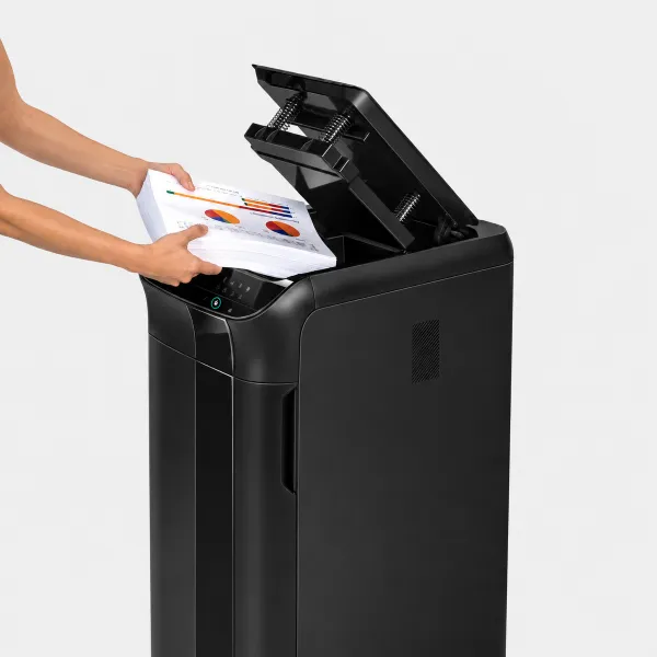 Fellowes AutoMax 550C shredder front angled view Fellowes AutoMax 550C P-4 cross-cut auto feed shredder front angled view