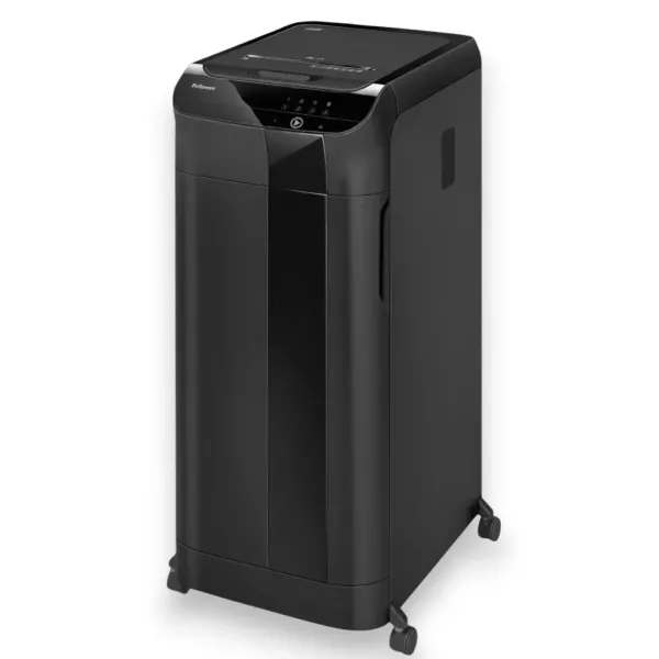 Fellowes AutoMax 550C shredder front angled view Fellowes AutoMax 550C P-4 cross-cut auto feed shredder front angled view