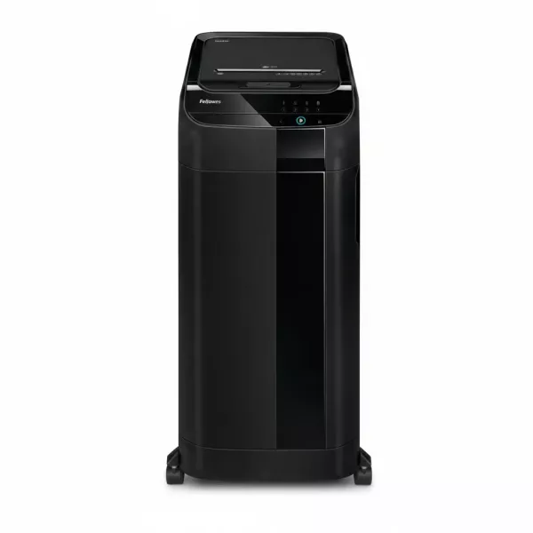 Fellowes AutoMax 550C shredder front angled view Fellowes AutoMax 550C P-4 cross-cut auto feed shredder front angled view