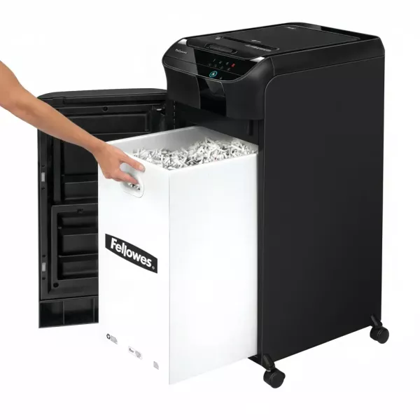 Fellowes AutoMax 550C shredder front angled view Fellowes AutoMax 550C P-4 cross-cut auto feed shredder front angled view