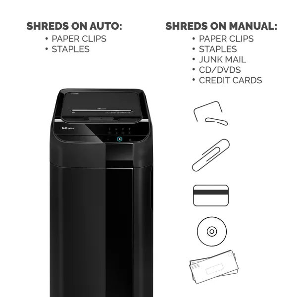 Fellowes AutoMax 550C shredder front angled view Fellowes AutoMax 550C P-4 cross-cut auto feed shredder front angled view