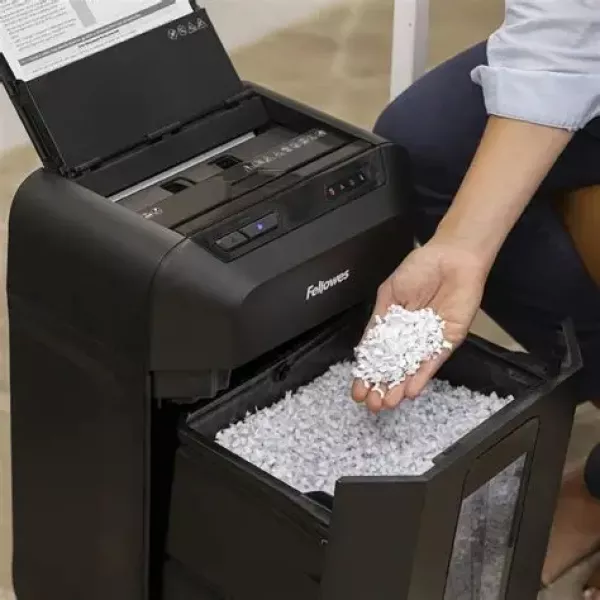 Fellowes AutoMax 80M P4 Mini-Cut Shredder Angled View Angled view of Fellowes AutoMax 80M 80-sheet P4 mini-cut auto feed shredder