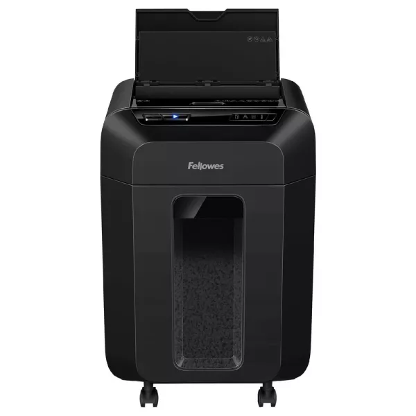 Fellowes AutoMax 80M P4 Mini-Cut Shredder Angled View Angled view of Fellowes AutoMax 80M 80-sheet P4 mini-cut auto feed shredder
