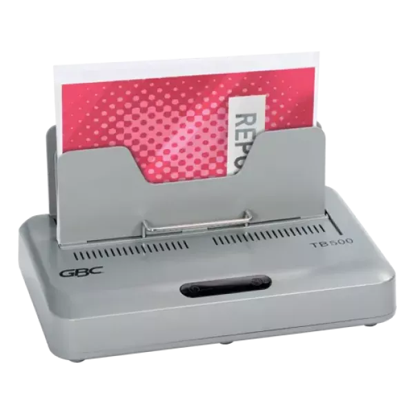 GBC TB500 heavy duty thermal binding machine in silver showing compact front angled view
