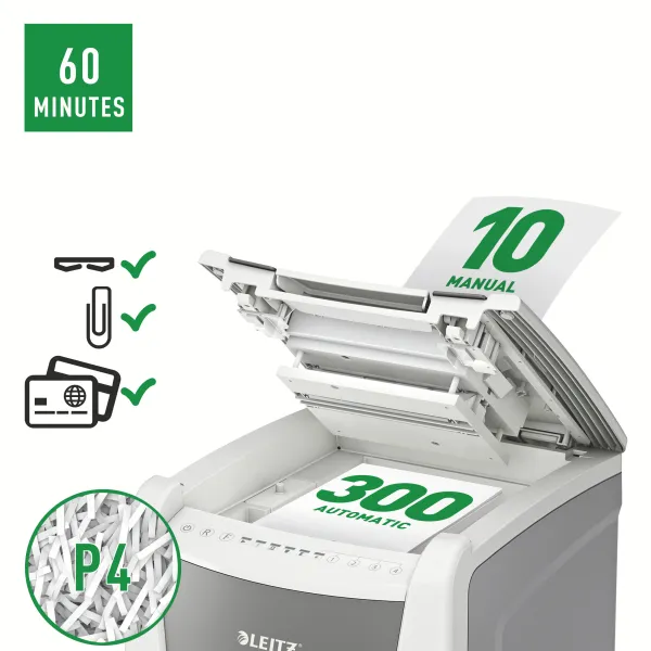 Leitz IQ Autofeed Office 300 P4 Cross Cut Paper Shredder (300 Sheet) Leitz IQ Autofeed Office 300 P4 Cross Cut Paper Shredder (300 Sheet)