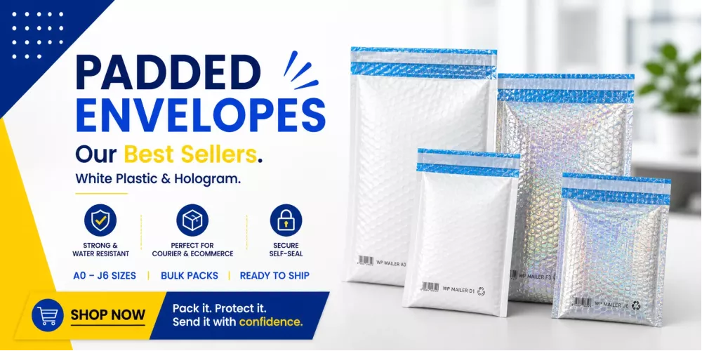 White and hologram padded mailers for secure packaging and delivery