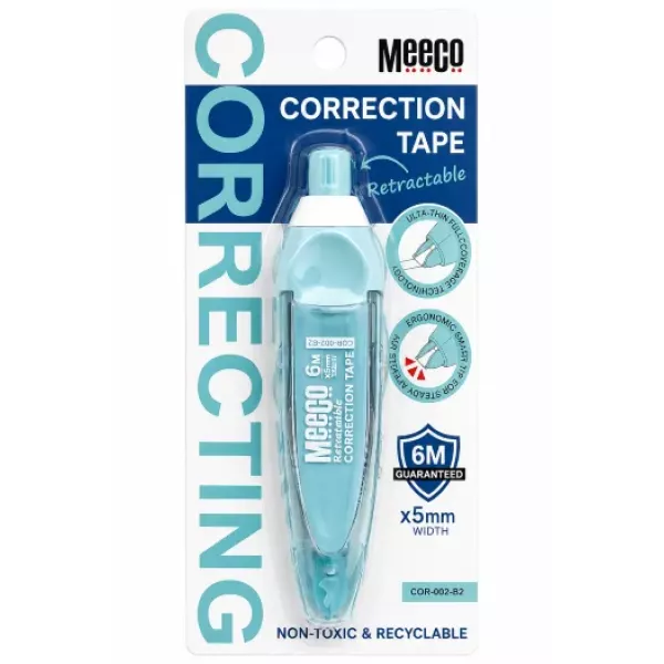 Meeco Retractable Correction Tape Blue 6m x 5mm Meeco retractable correction tape Blue 6m x 5mm in retail packaging