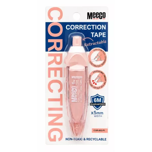Meeco retractable correction tape Pink 6m x 5mm in retail packaging