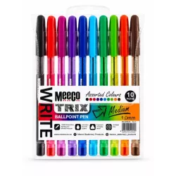 Meeco Trix 1.0mm assorted colour ballpoint pens pack of 10 shown in front packaging