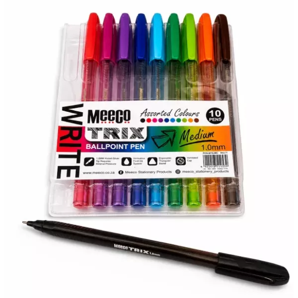 Meeco Trix 1.0mm Assorted Ballpoint Pens Pack of 10 Front Packaging Meeco Trix 1.0mm assorted colour ballpoint pens pack of 10 shown in front packaging