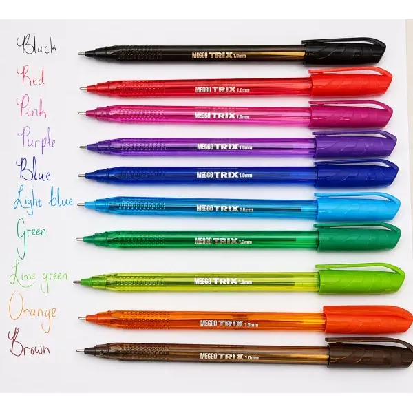 Meeco Trix 1.0mm Assorted Ballpoint Pens Pack of 10 Front Packaging Meeco Trix 1.0mm assorted colour ballpoint pens pack of 10 shown in front packaging
