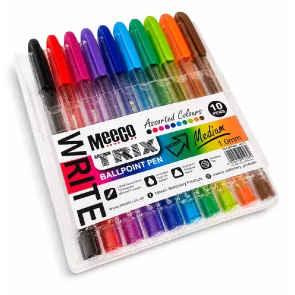 Meeco Trix 1.0mm Assorted Ballpoint Pens Pack of 10 Front Packaging Meeco Trix 1.0mm assorted colour ballpoint pens pack of 10 shown in front packaging