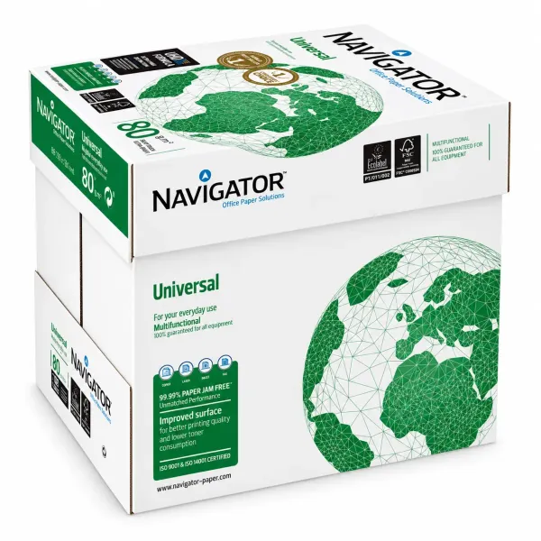 Navigator Universal A4 80gsm white copier paper box containing 5 reams of 500 sheets, 2500 sheets total