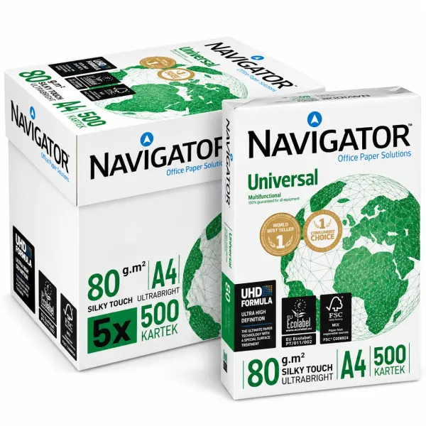 Navigator Universal A4 80gsm white copier paper box containing 5 reams of 500 sheets, 2500 sheets total