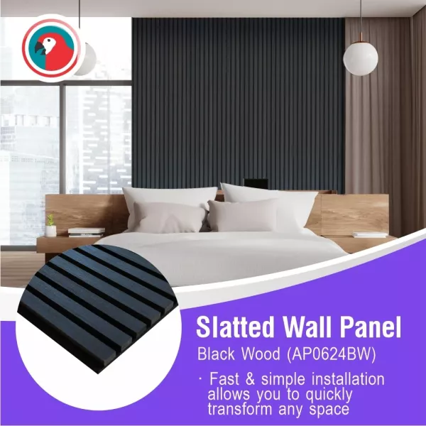 Full-length Parrot AP0624BW Black Wood acoustic slatted wall panel measuring 600 x 2400mm