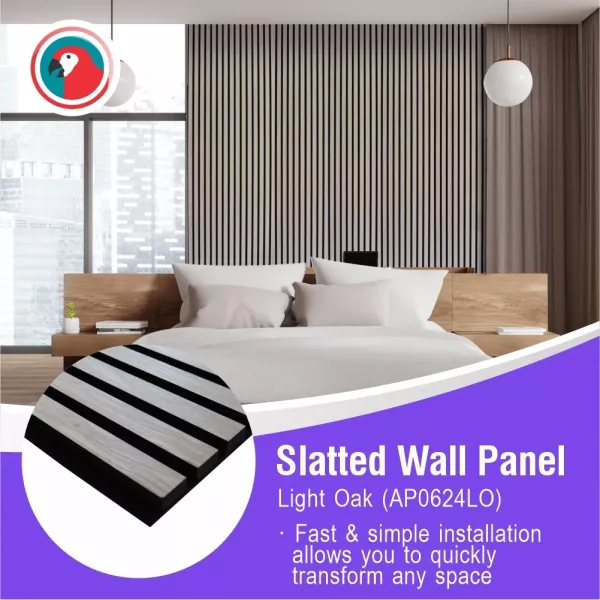 Full-length Parrot AP0624LO Light Oak acoustic slatted wall panel measuring 600 x 2400mm