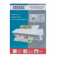 PARROT A4 Laminating Pouches Gloss 160 Micron Box 100 PARROT A4 gloss laminating pouches 160 micron box of 100 for certificates, notices and office documents